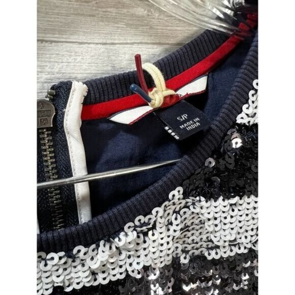 Hilfiger Denim Black & White Sequin Striped Short Sleeve Mini Dress With Back Zi - Picture 8 of 8